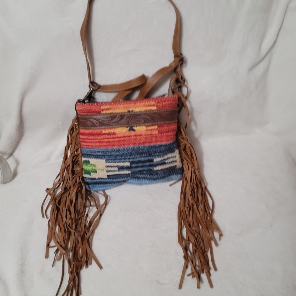 Myra Bag Leather Canvas W/ Long Fringe Western/ Aztec  Crossbody Bag NWT!